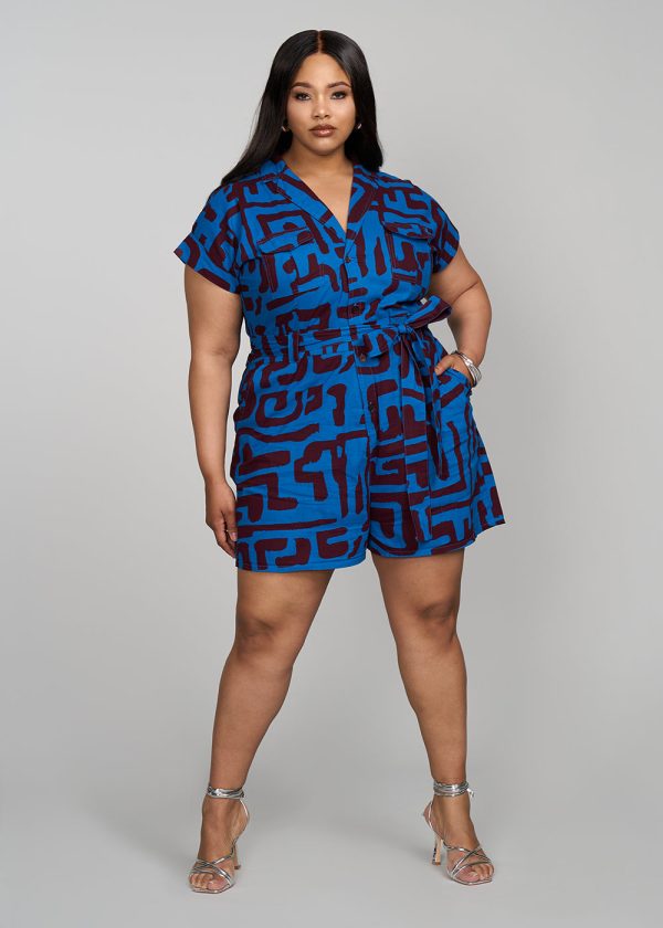 Asale Women s African Print Romper (Fig Blue Geometric) Cheap - Image 4