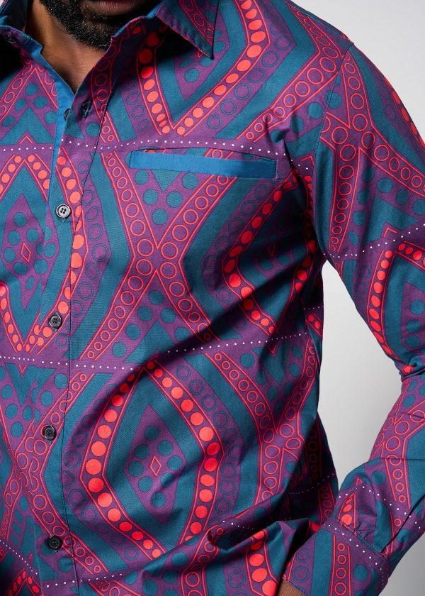 Mazi Men s African Print Button-up Shirt (Rhubarb Retro Diamonds) - Clearance Online - Image 3