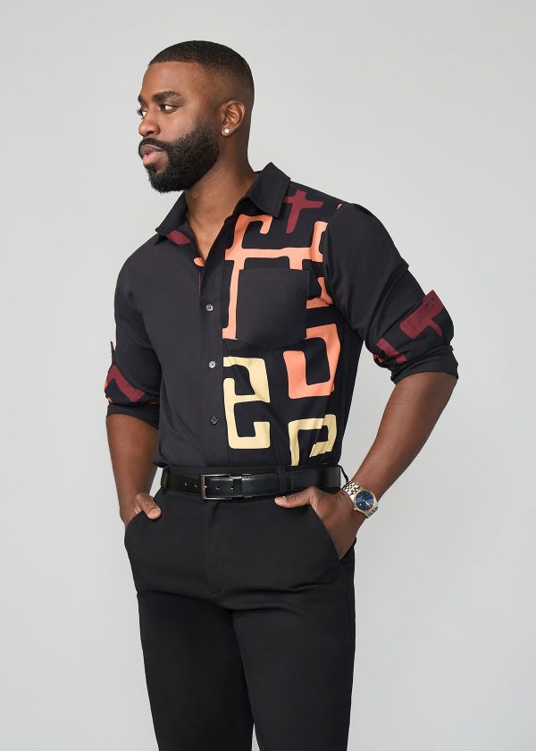 Abiade Men s African Print Button-Up Shirt (Neutral Kuba Geometric) For Sale - Image 4