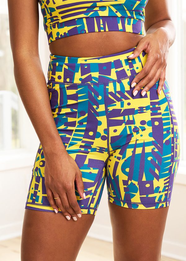 Kimba Women s African Print Biker Shorts (Neon Tropical Stamps) For Sale