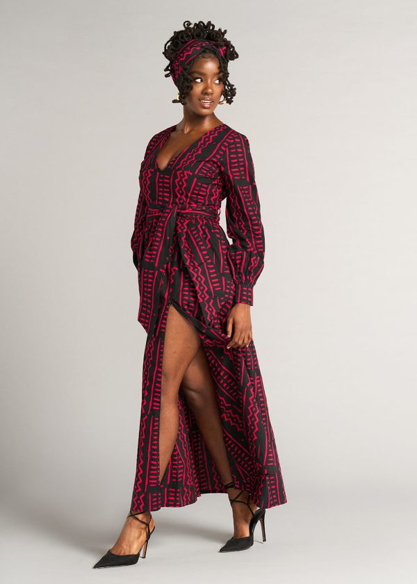 Abiba Women s African Print Maxi Dress (Black Magenta Tribal) - Clearance Discount